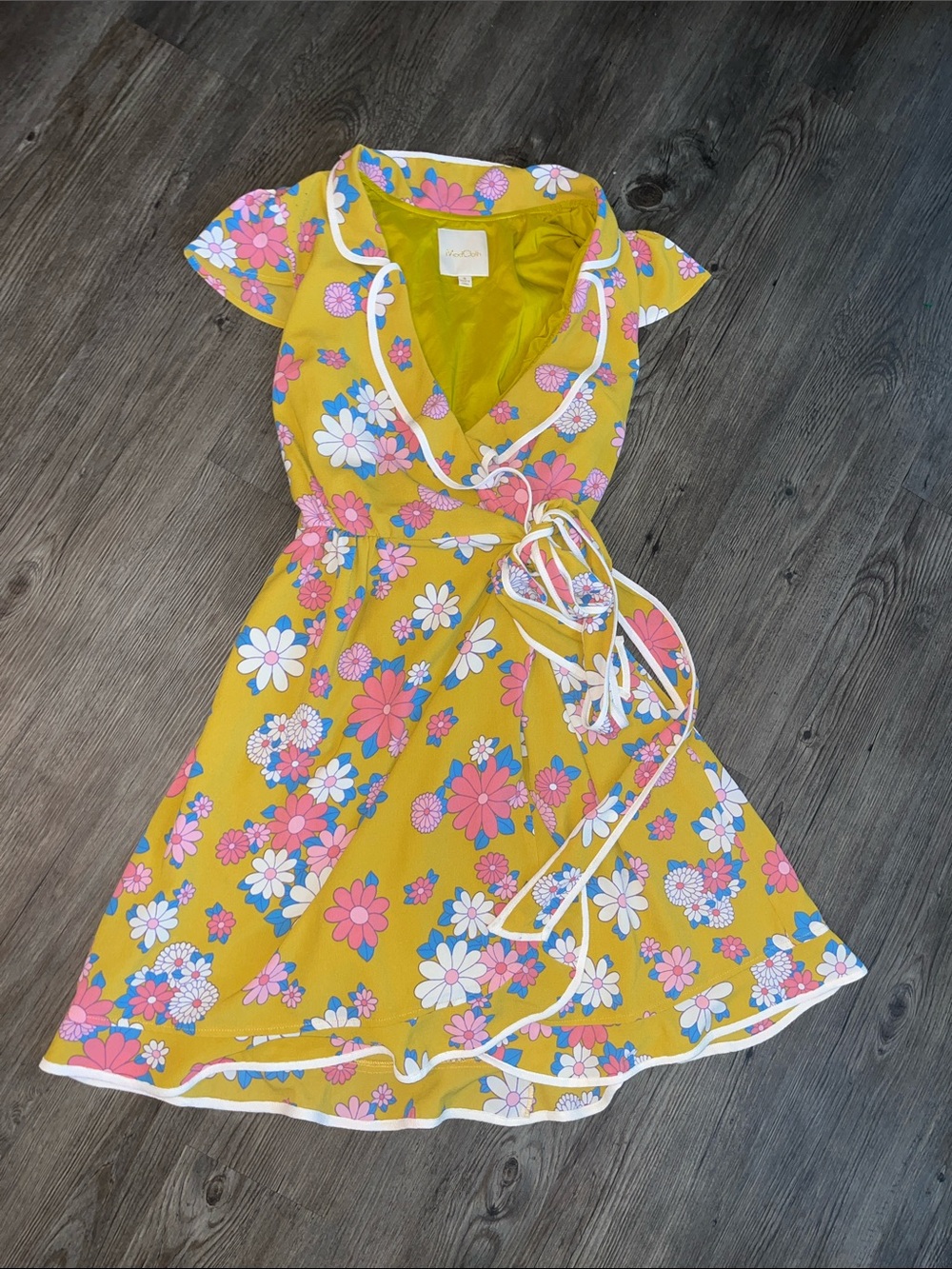 MODCLOTH Mustard Yellow Floral Wrap Dress with Pink & White Flowers